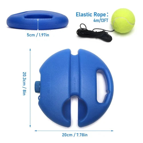 Blue tennis trainer base with dimension labels, a yellow tennis ball, and coiled elastic cord
