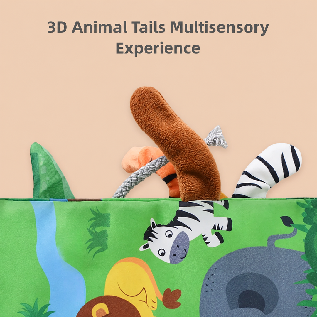 Close-up of textured animal tails extending from a green jungle cloth book
