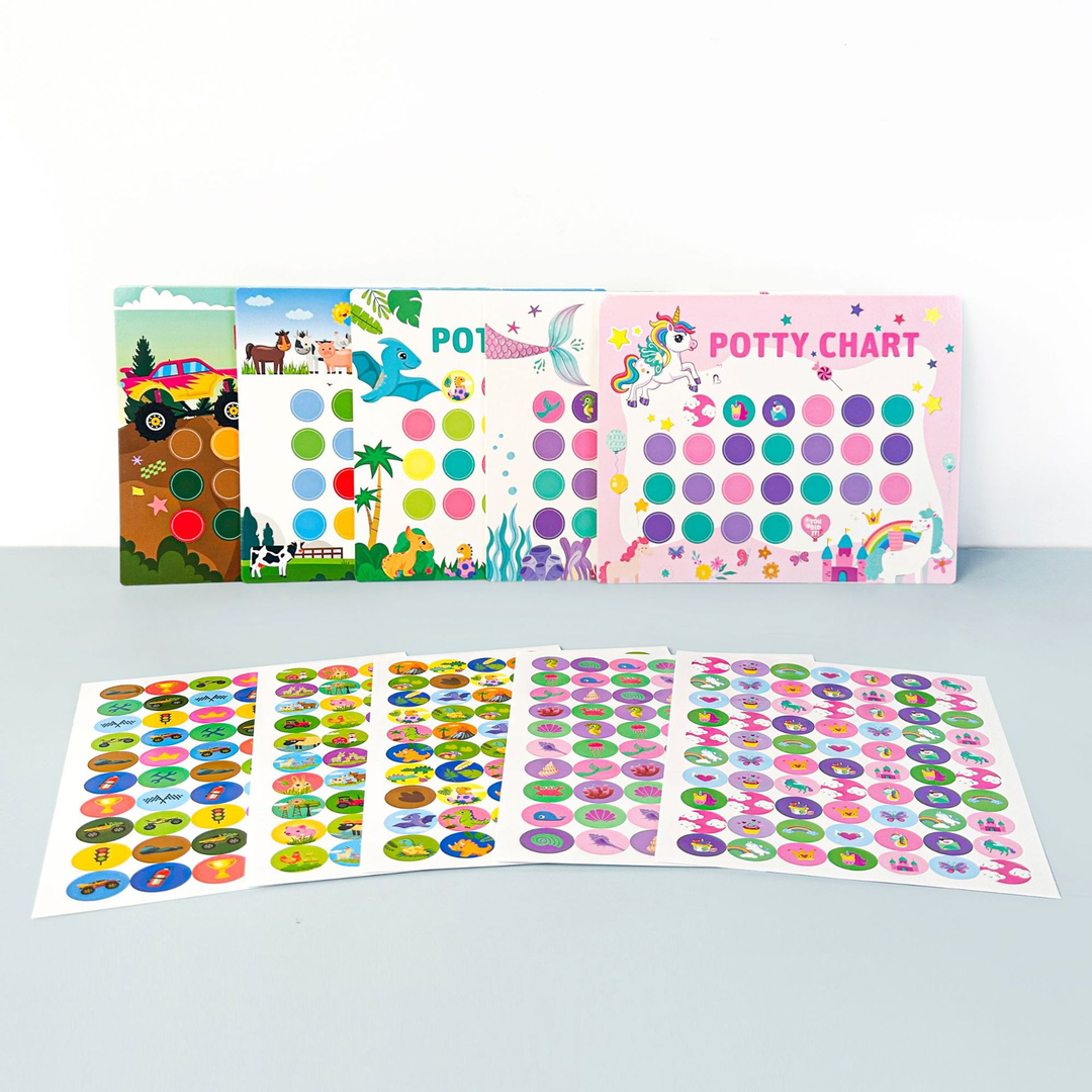 Themed potty training charts displayed above matching colorful sticker sheets