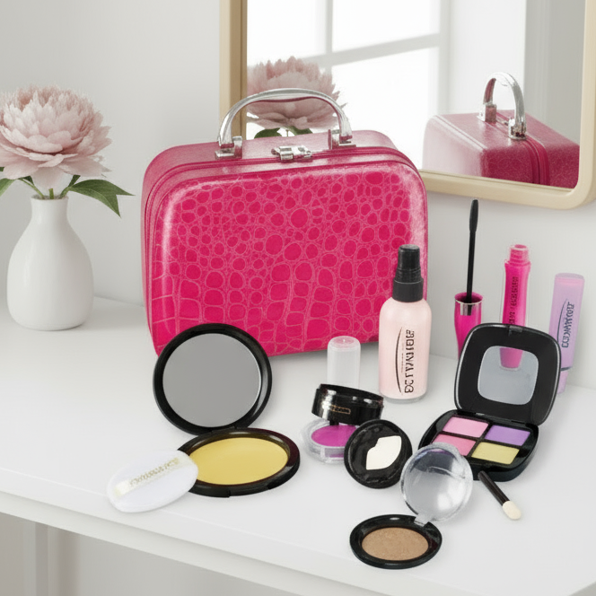 13-piece pretend makeup option with a pink carry case, open compacts, and cosmetic-style toys