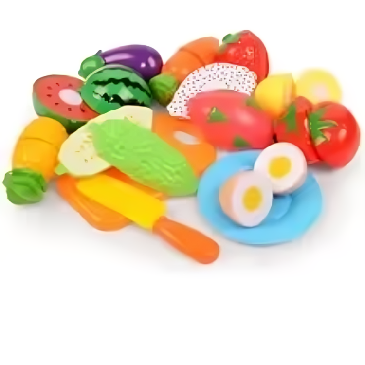 13-piece play food set with toy fruits, vegetables, an egg, a blue plate, and cutting tools