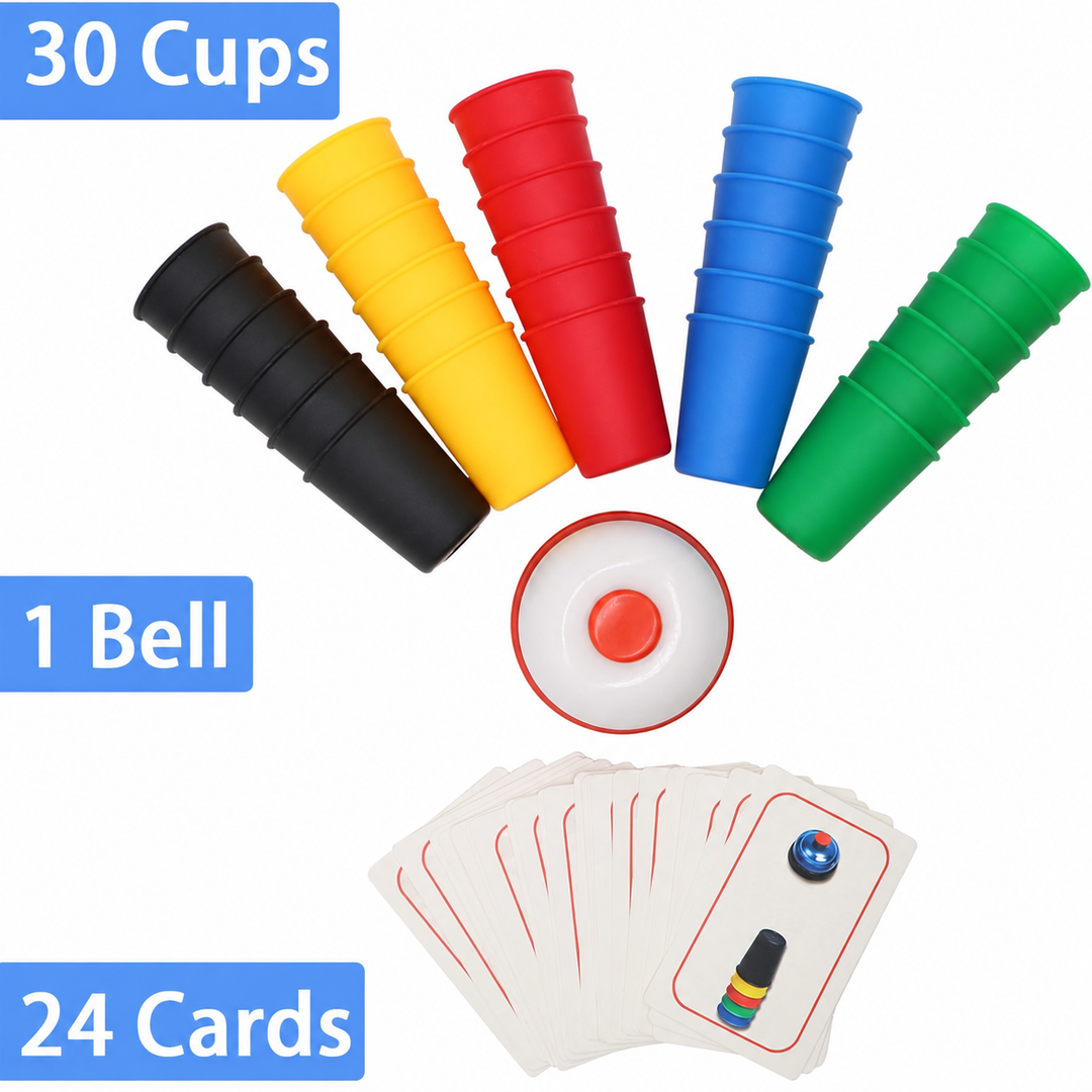 Complete game set with 30 colored cups, 1 bell, and 24 picture cards