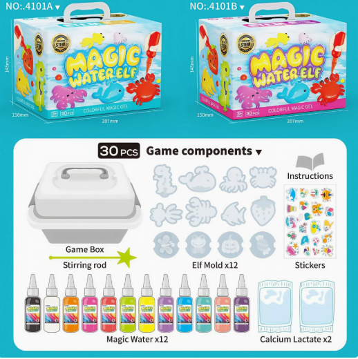 Blue and pink kit packaging with a diagram of the 30-piece craft set contents