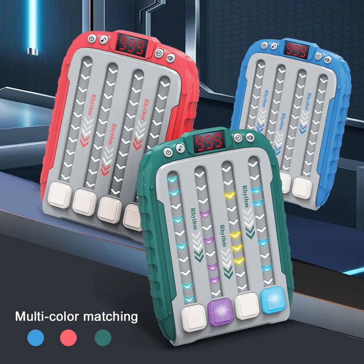 Red, blue, and green handheld speed games with four light tracks and buttons