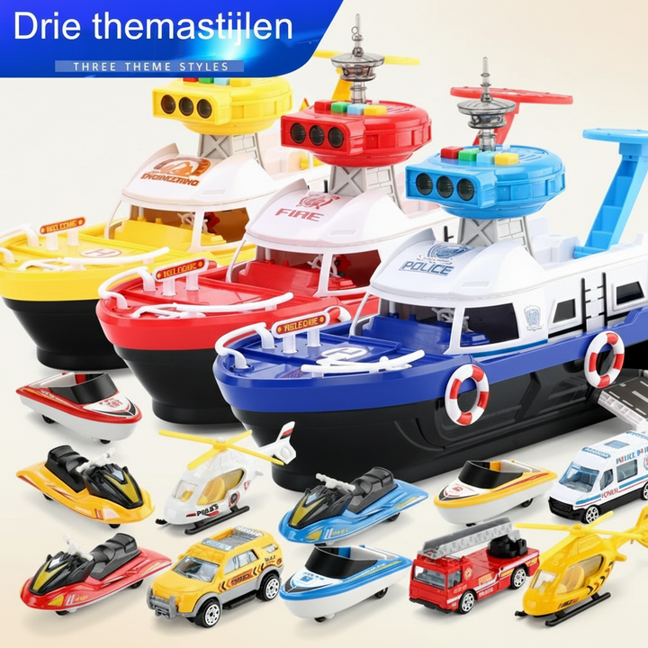 Red, blue and yellow toy boats displayed together with miniature boats, cars and helicopters