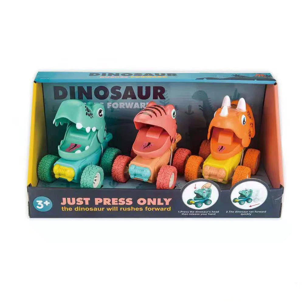 Box containing three push-and-go dinosaur toy cars in green, red, and orange