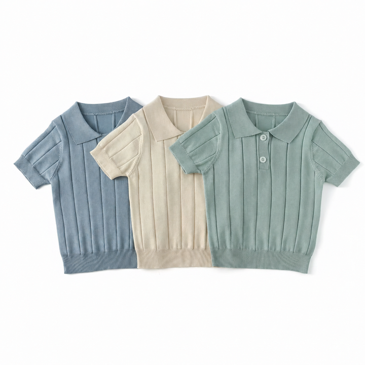 Blue, cream, and green knit polo shirts displayed side by side