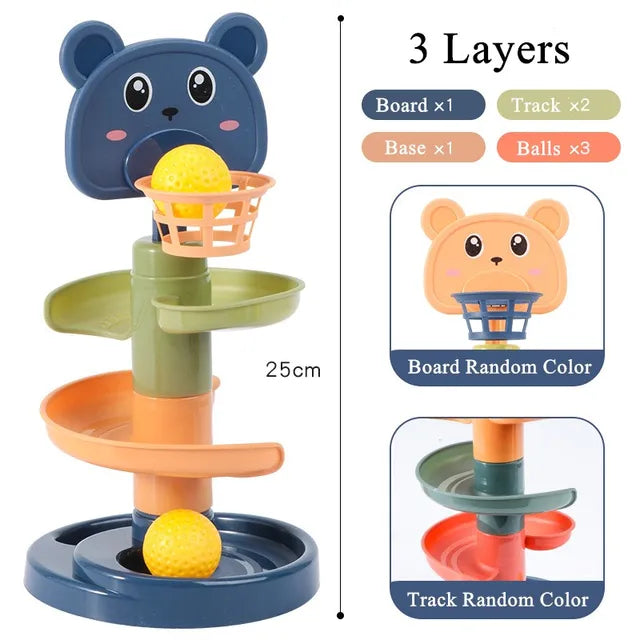 Three-layer ball-drop setup marked 25 cm tall, with two tracks, a base, a bear topper, and three balls