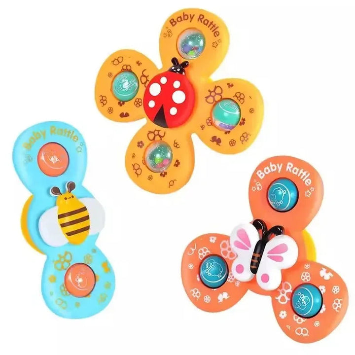 Three-piece insect spinner set with a bee, butterfly, and ladybug on a white background