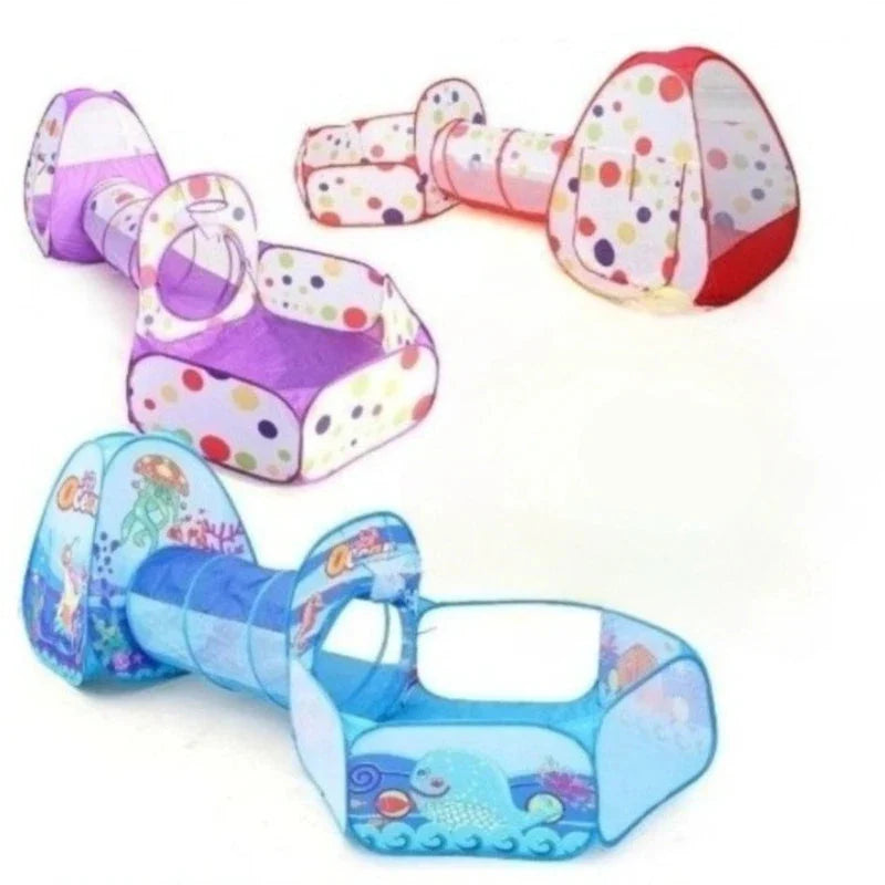 Purple, red, and blue play tent sets shown with matching tunnels and ball pits