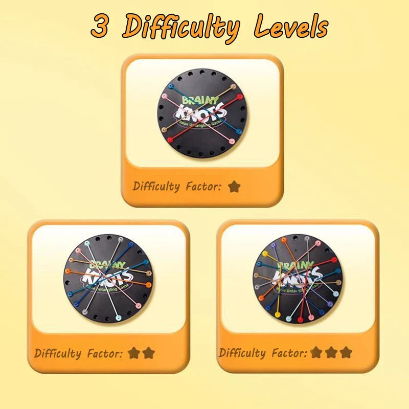 Rope puzzle board arranged at three increasing difficulty levels