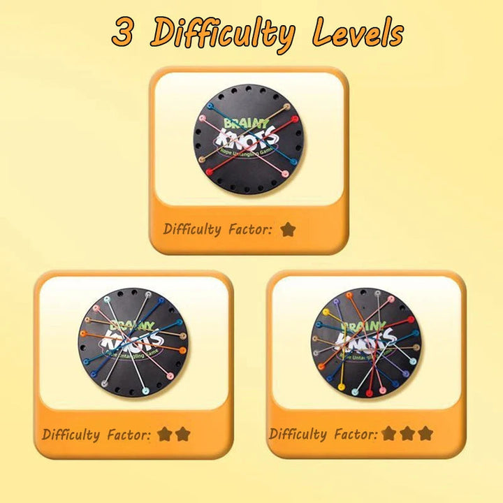 Rope puzzle board arranged at three increasing difficulty levels