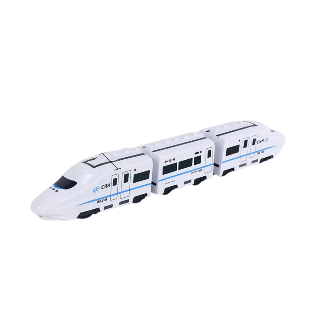 Three-section white toy train with blue trim and black windows