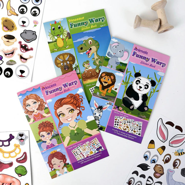 Princess, animal, and dinosaur sticker book covers with loose sticker sheets