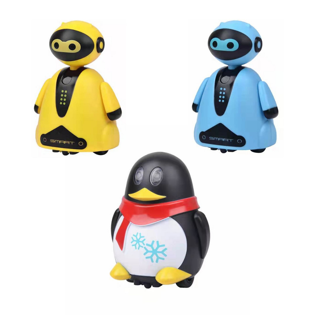 Three-toy set with yellow and blue robots and a black penguin with a red scarf.