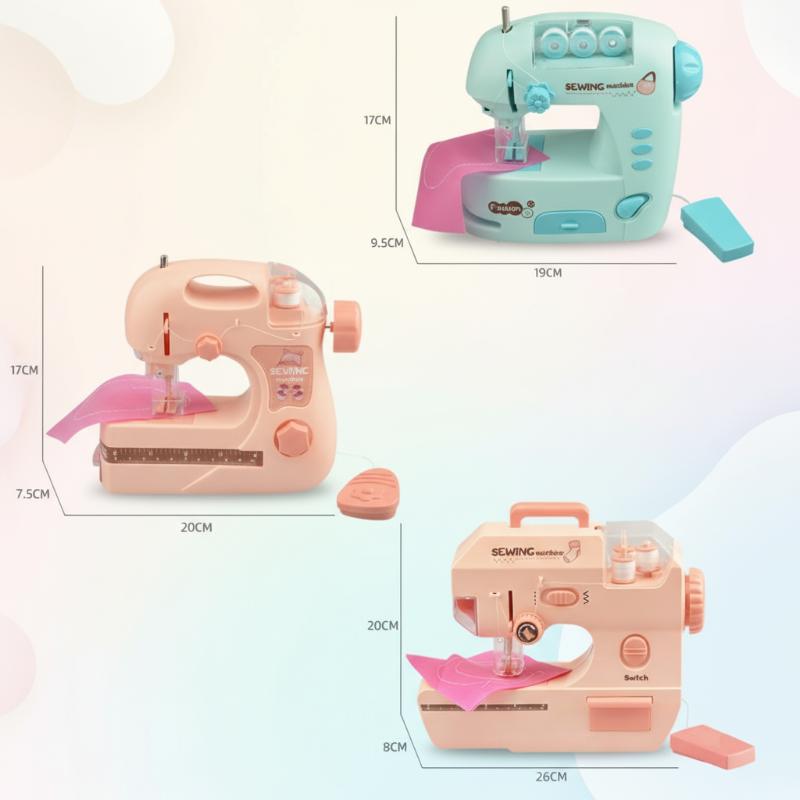 Dimension comparison for compact green, compact pink, and larger pink toy sewing machines
