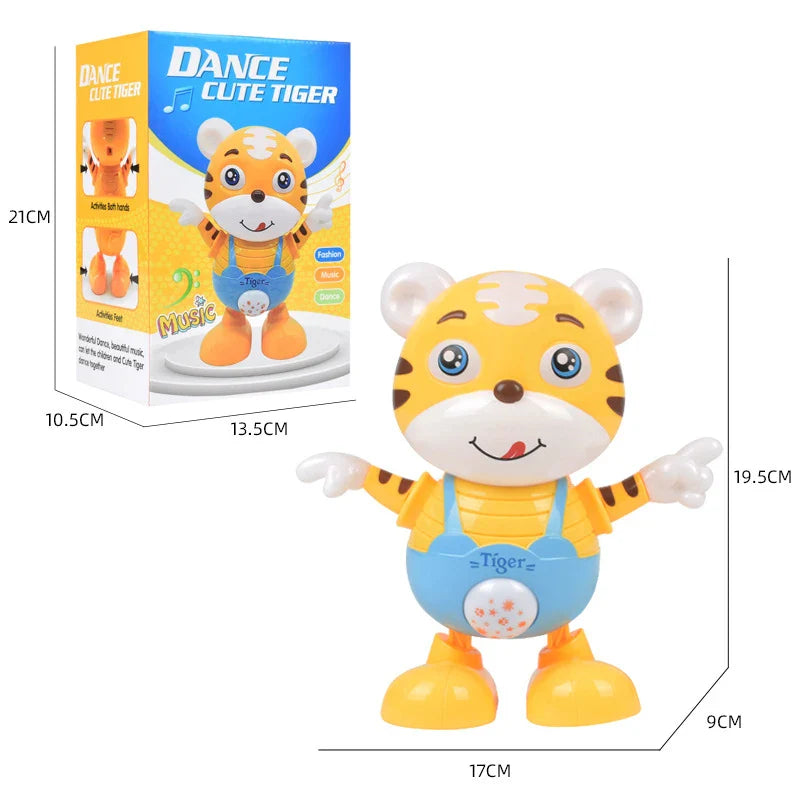 Size diagram showing tiger robot measurements and retail box dimensions.