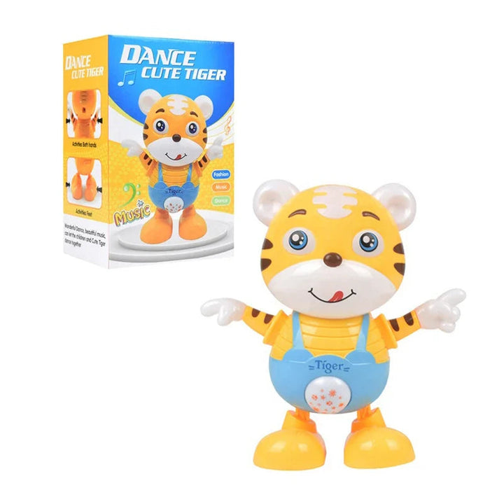 Yellow tiger robot in blue overalls displayed beside its retail box.