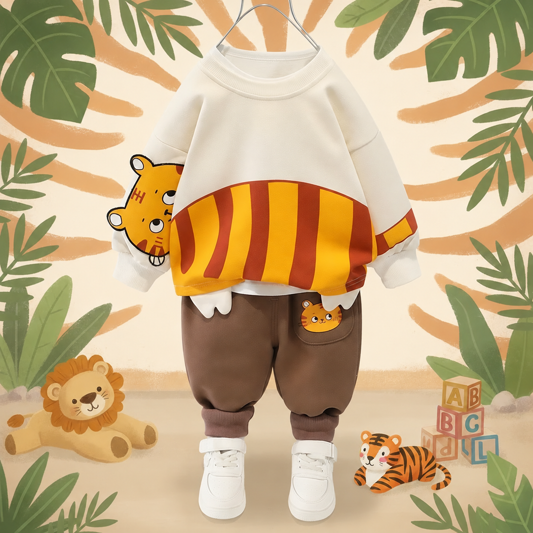 Cream pullover with orange tiger stripes paired with brown pants.