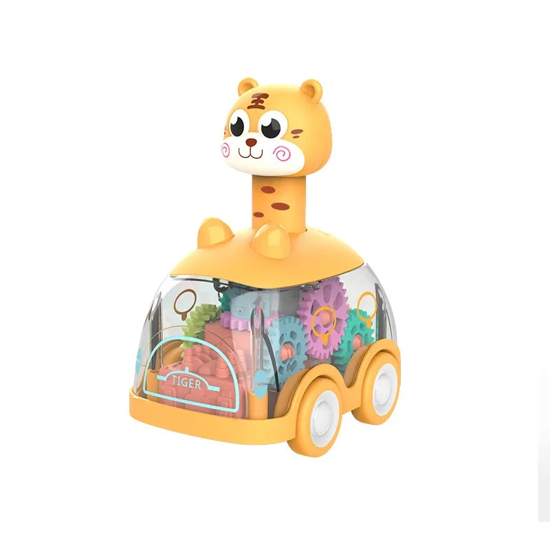 Tiger-style toy car with a clear body, colorful gears and orange trim