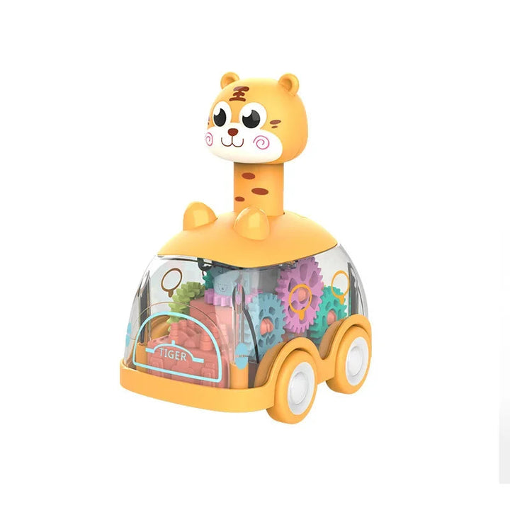 Tiger-style toy car with a clear body, colorful gears and orange trim