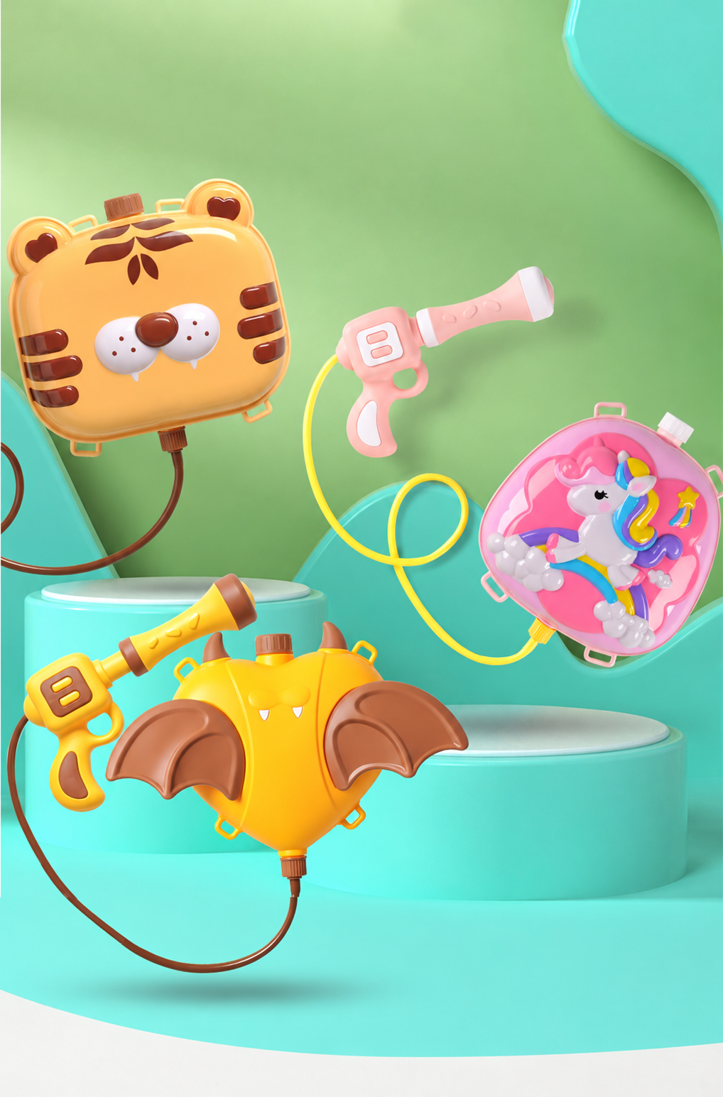 Tiger, unicorn, and bat-shaped backpack water tanks with connected blasters