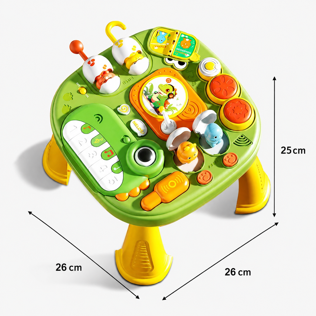 Activity table measurement diagram showing a 26 cm square top and 25 cm height