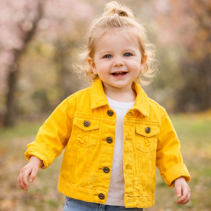 Toddler wearing a yellow denim jacket with button-flap chest pockets outdoors