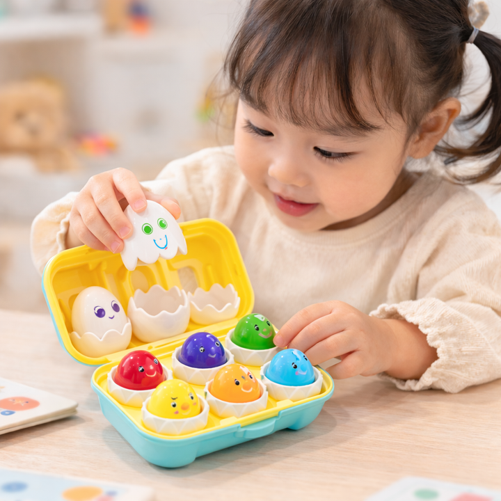 Child lifting a decorated eggshell above colorful chick figures in an open storage case
