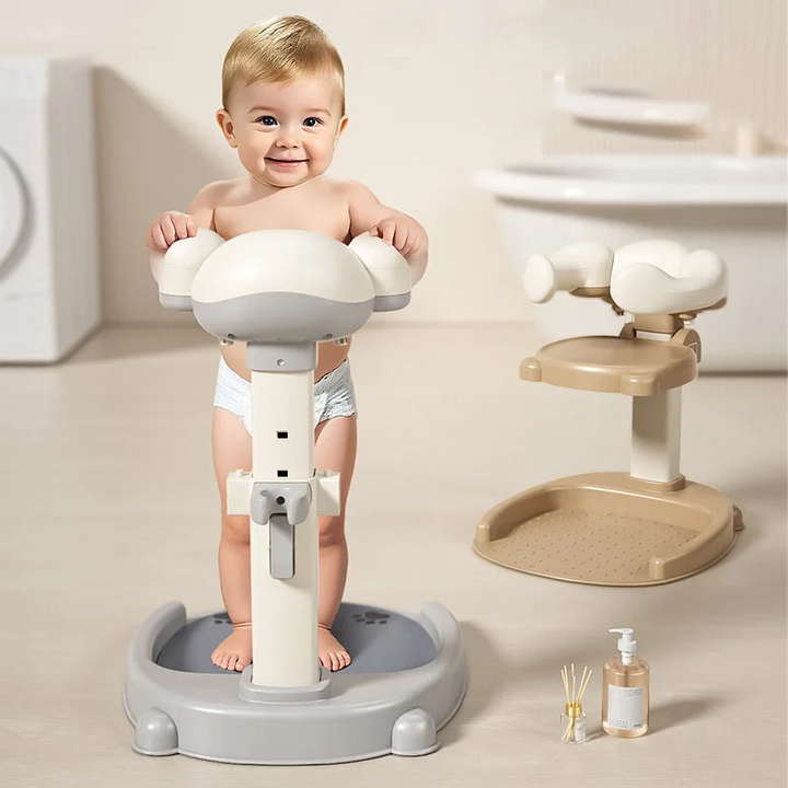 Toddler standing in a gray shower stand beside the brown version