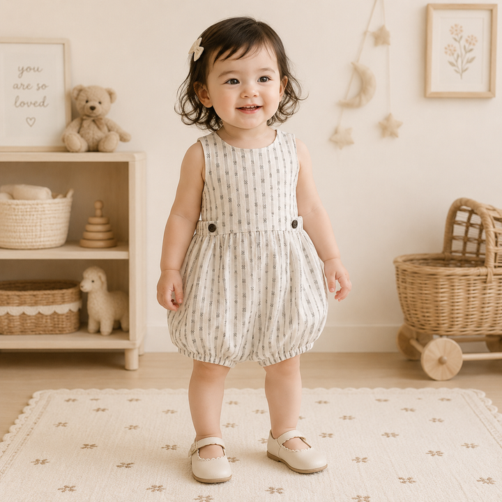 Toddler wearing a sleeveless striped bubble romper with dark buttons at the waist.