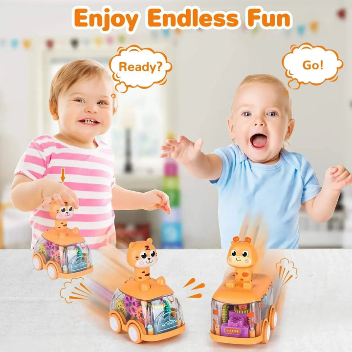 Two toddlers with animal-topped toy cars on a table