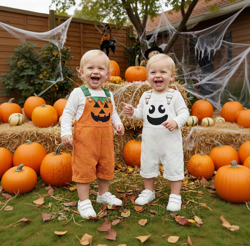 Two toddlers wearing pumpkin and ghost Halloween overalls among pumpkins and autumn decorations.