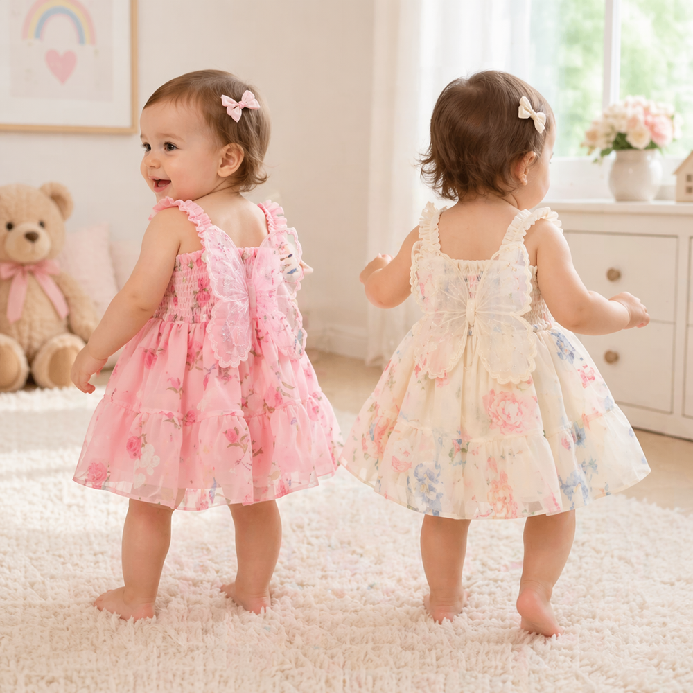 Two toddlers modeling pink and cream floral dresses with sleeveless cuts and flared skirts