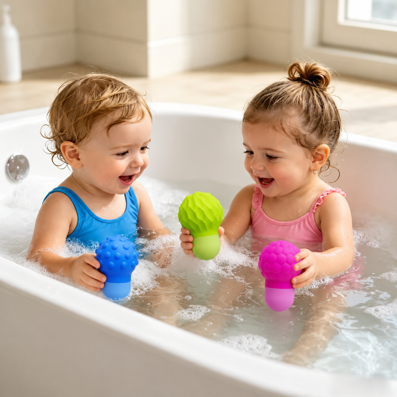 Two toddlers holding pink, green, and blue silicone squirters in a bubble bath