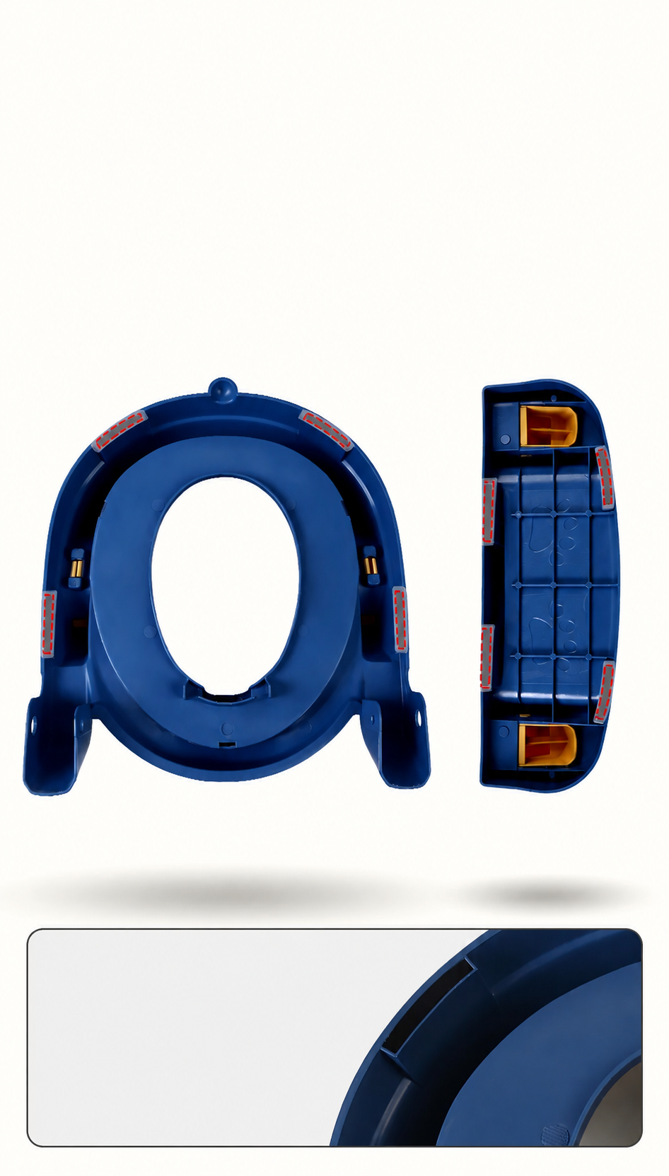 Underside views of the blue toilet training seat and step base, with a frame close-up