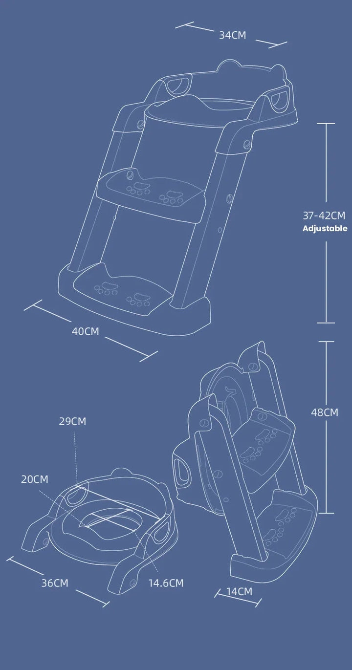 Dimension diagram showing the toilet training seat open and folded