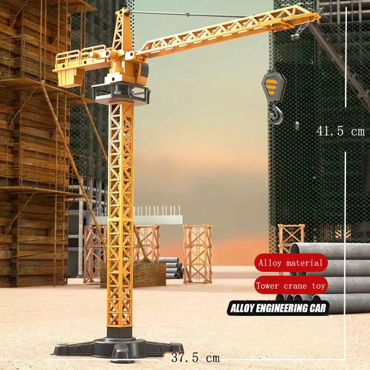 Tower crane toy in a construction-site scene with 41.5 cm and 37.5 cm measurement labels
