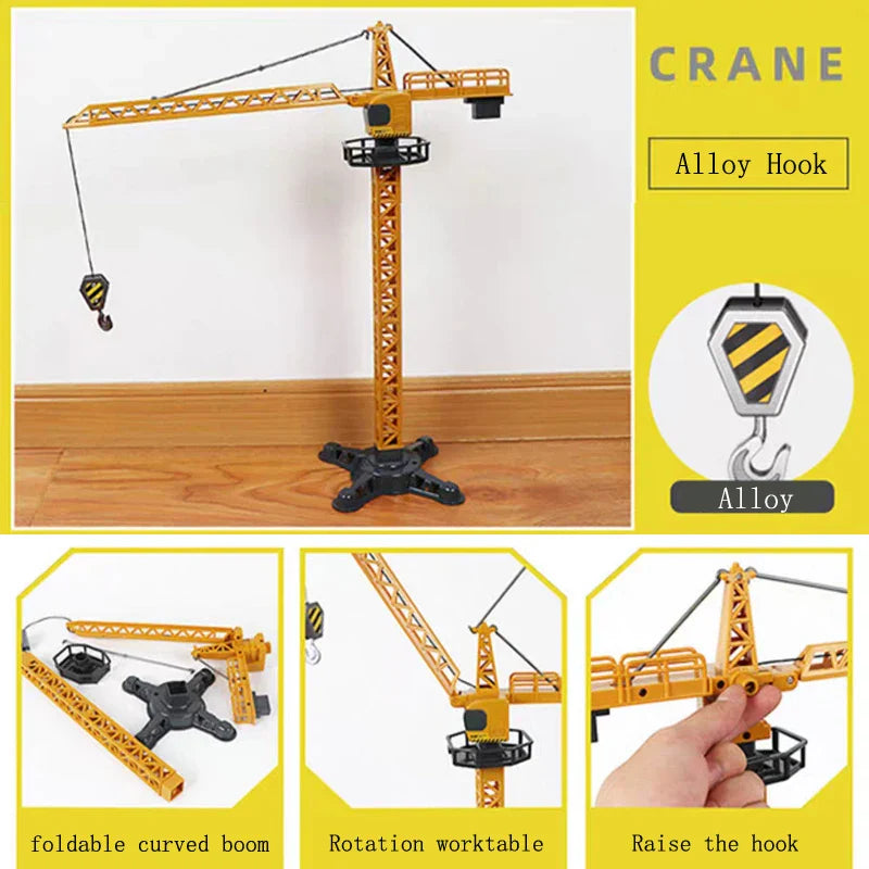 Tower crane toy with close-ups of its hook, folding boom and rotating upper section