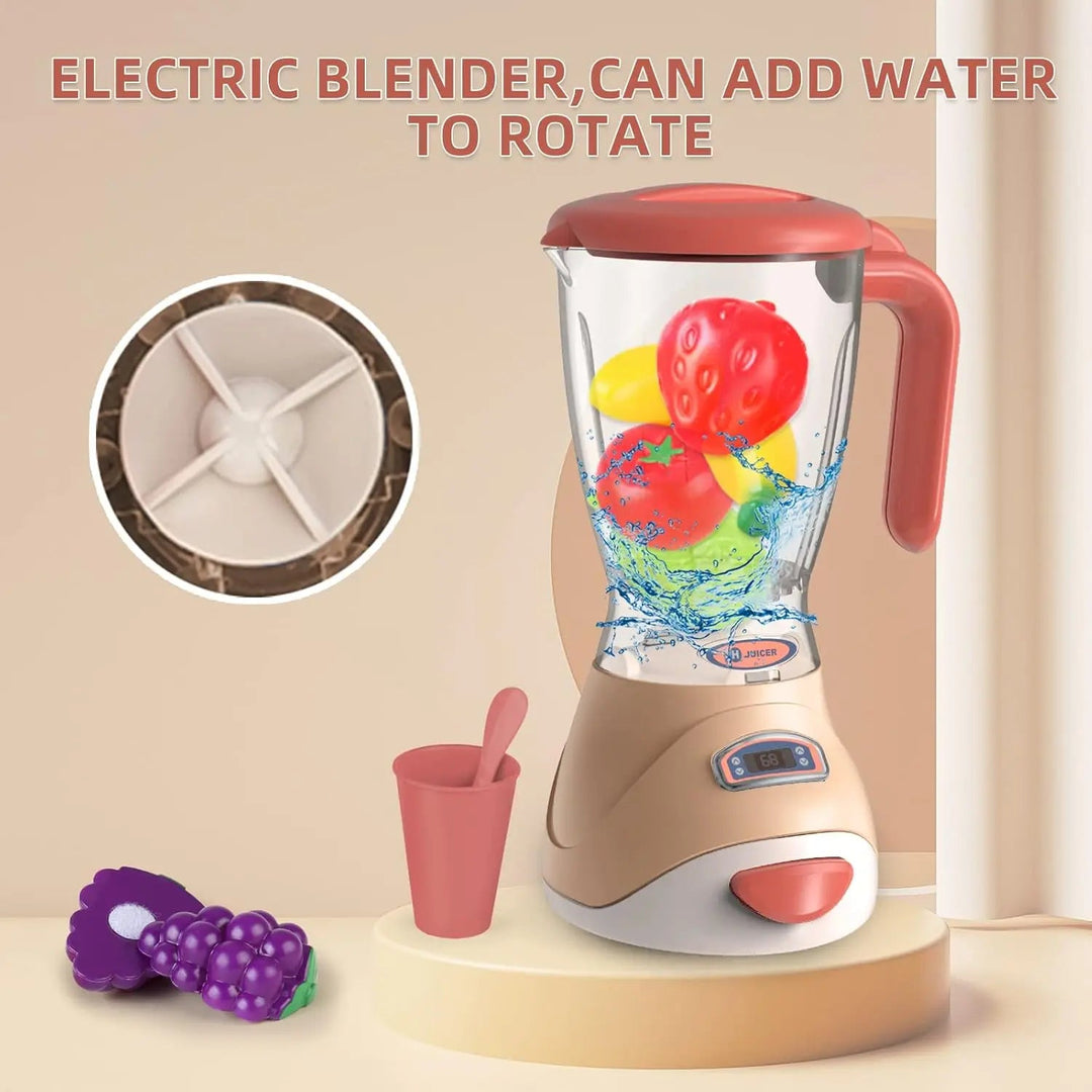 Toy blender graphic with fruit and water illustrated inside the clear pitcher.