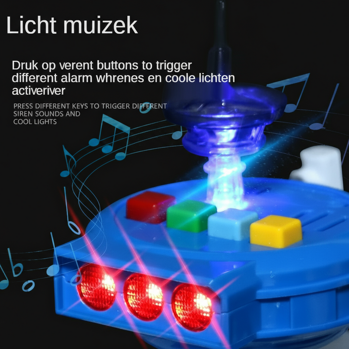 Toy boat control panel with colorful buttons, red lights and a glowing blue tower