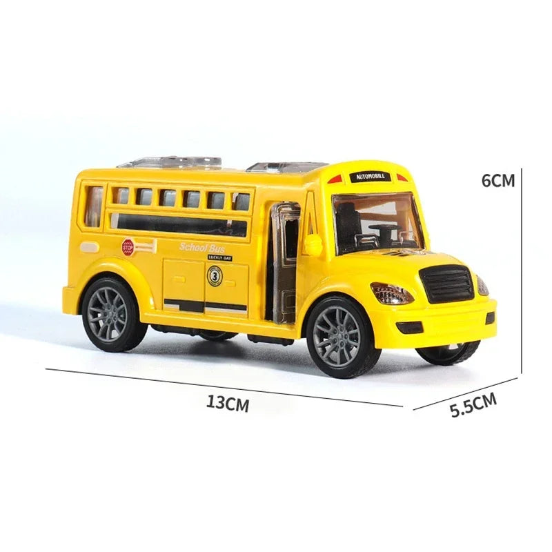 Yellow toy bus with measurements marked 13 cm long, 6 cm high, and 5.5 cm wide