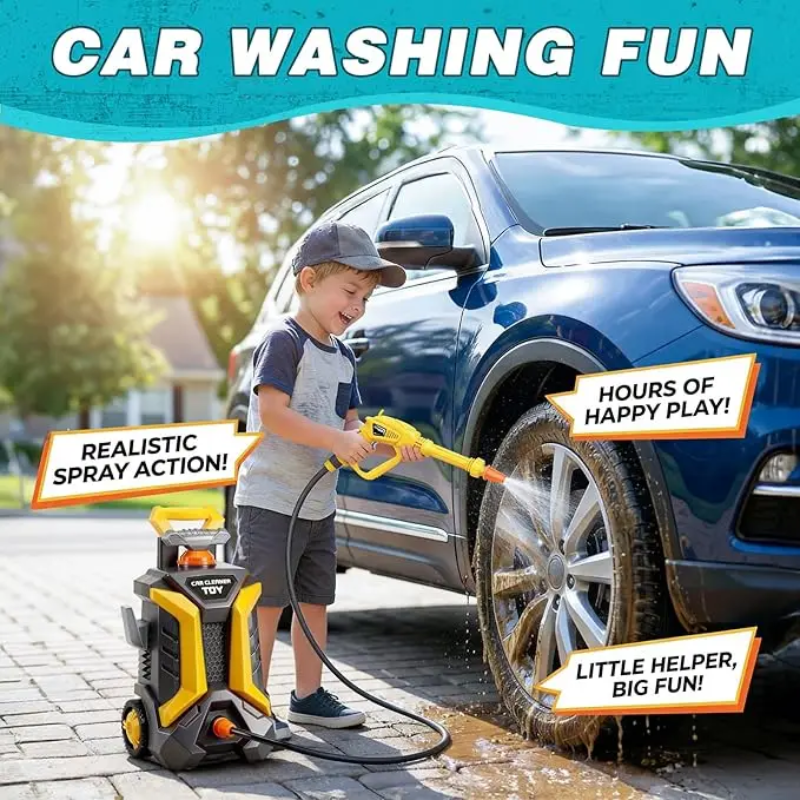 Child using a yellow toy sprayer beside a blue car, with the car wash unit nearby.
