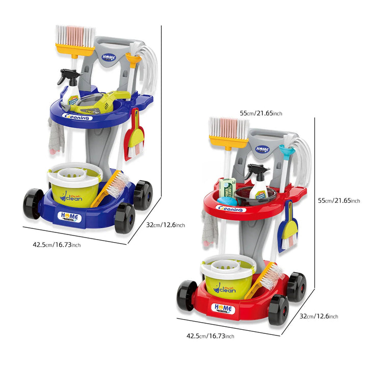 Red and blue toy cleaning trolleys with dimensions of 55 cm high, 42.5 cm long, and 32 cm wide