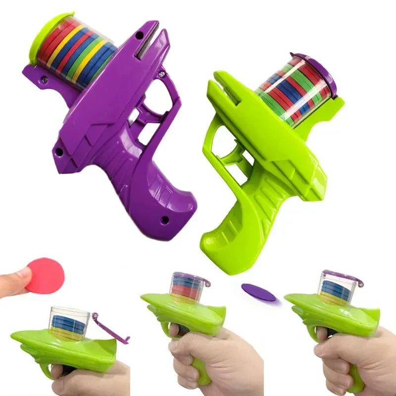 Purple and green toy blasters above close-ups of hands loading and launching a foam disc.