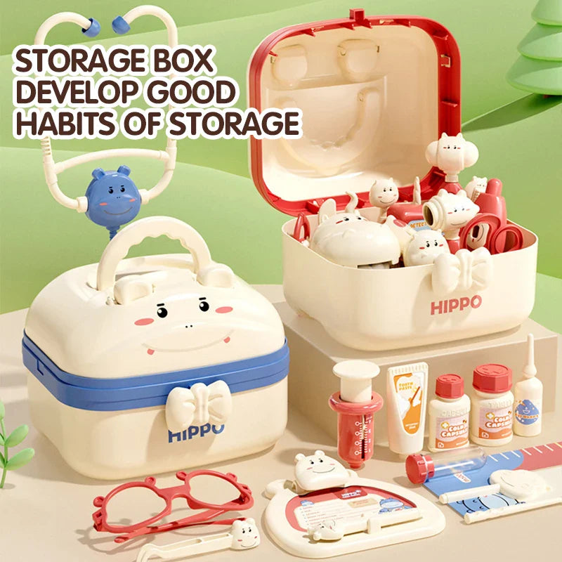 Red and blue animal-face storage cases, with the red case open to hold pretend medical tools
