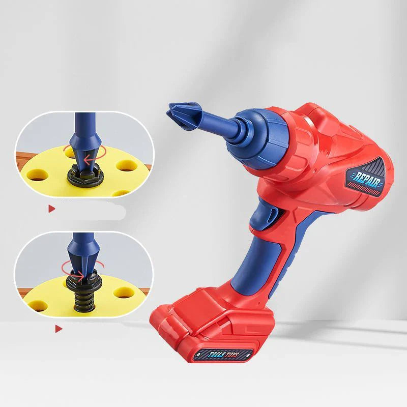 Red-and-blue toy drill with close-ups of a screw and yellow building piece