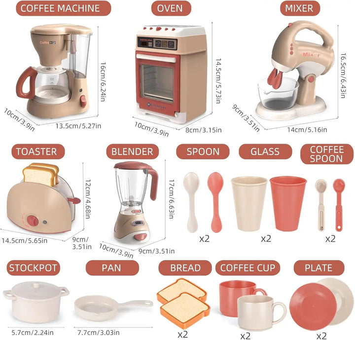 Measurement chart showing toy kitchen appliances, utensils, cups, cookware, and play bread.