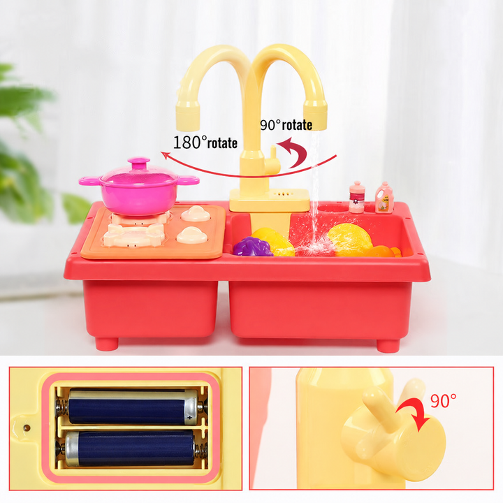 Toy kitchen graphic showing faucet rotation and a battery compartment