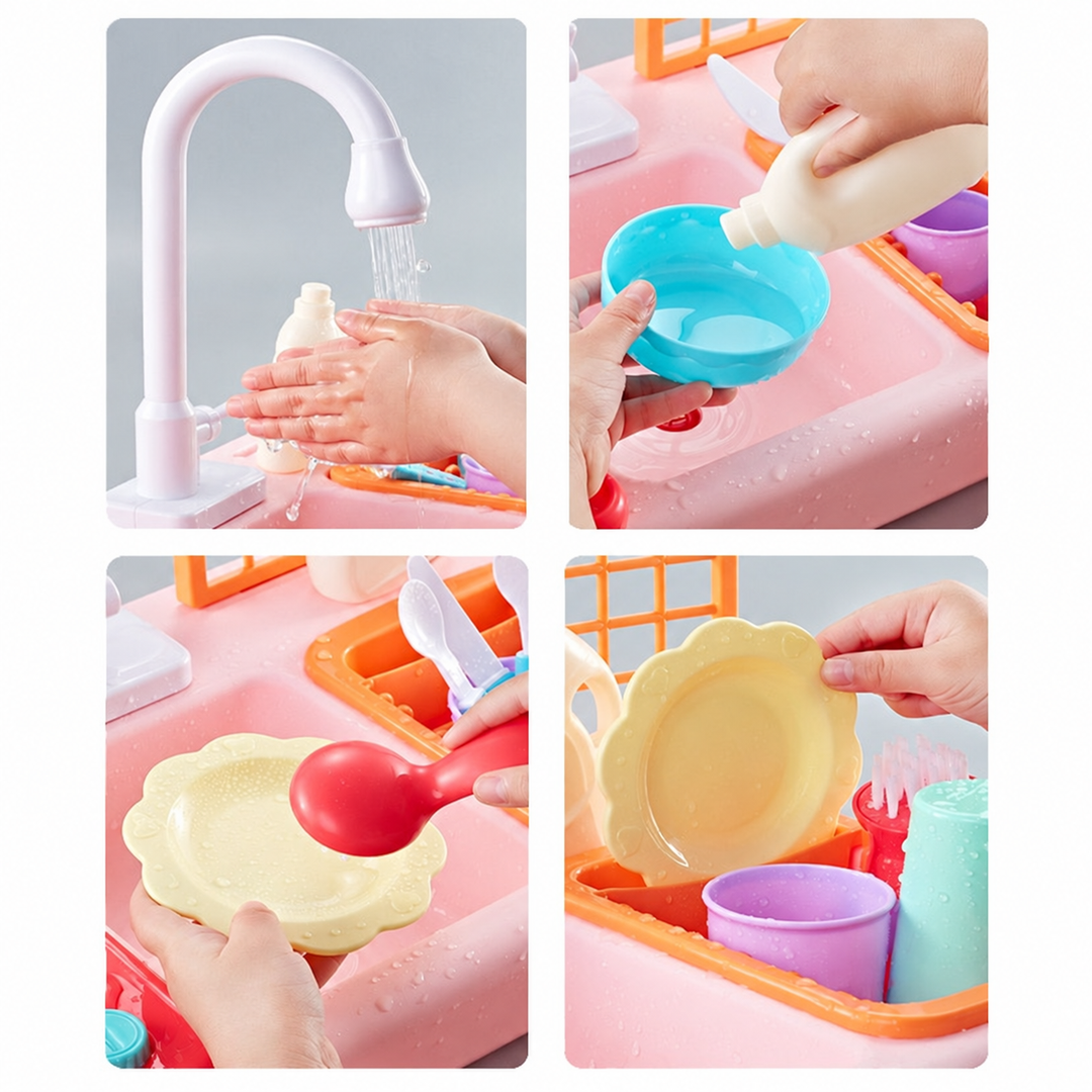 Hands using the toy faucet and washing colorful play dishes
